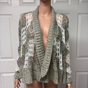 NWOT Poof Dark Oatmeal/Ecru open crochet shrug / cardigan sweater, size Small